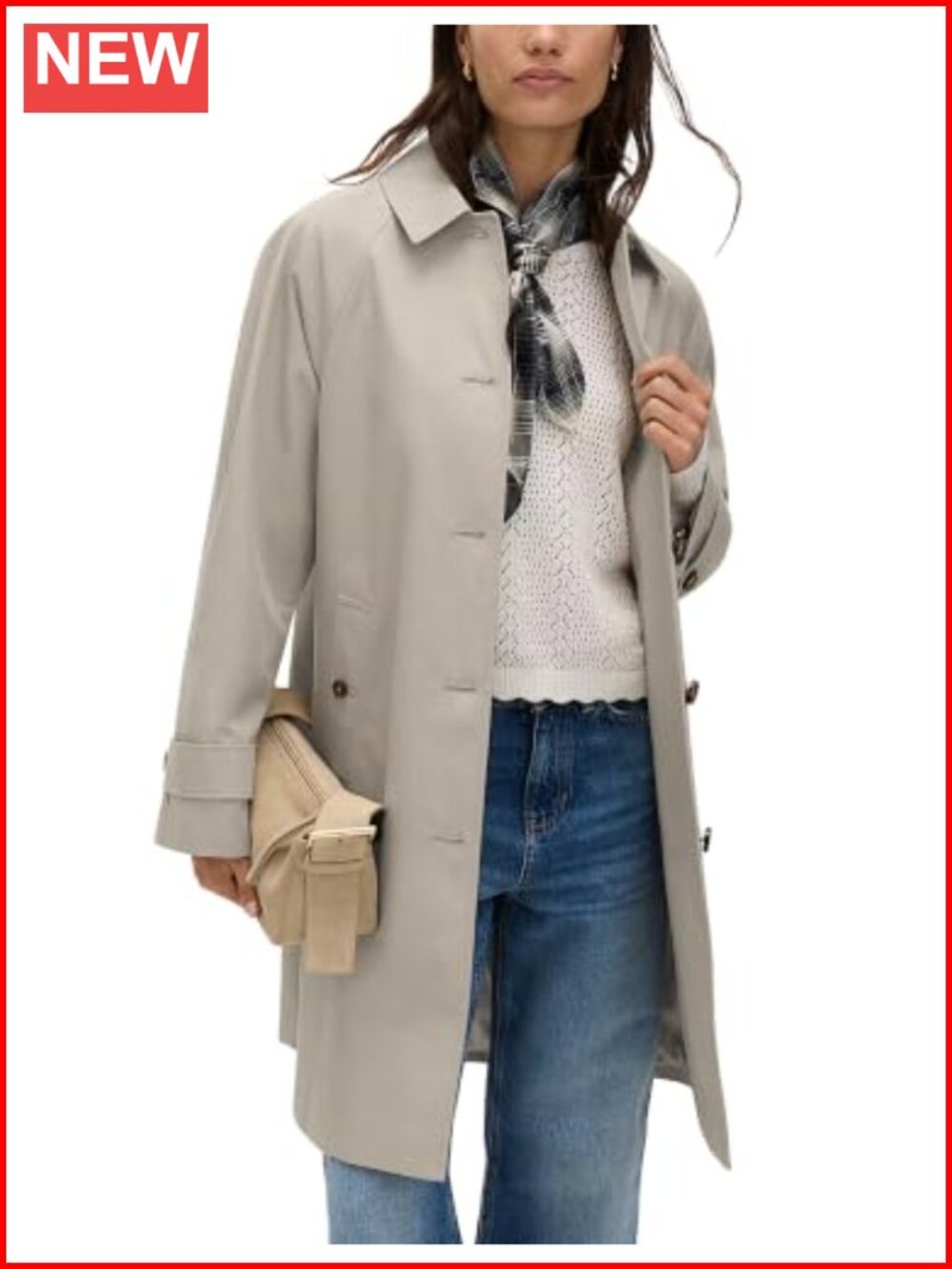 Women's Mid Length Lined Trench Coat with Button Flap Pockets
